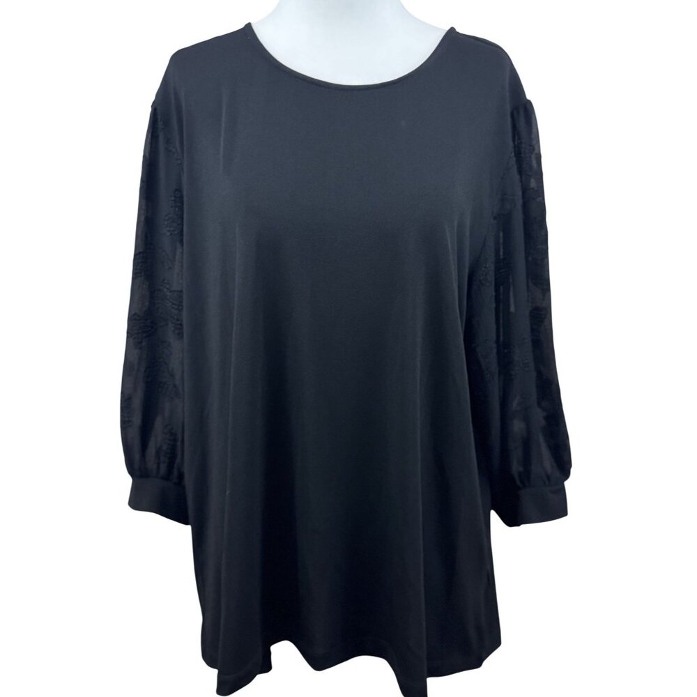 Philosophy Women's Relax Top Size XL Black Sheer Flower Ruffle 3/4 Sleeve Blouse